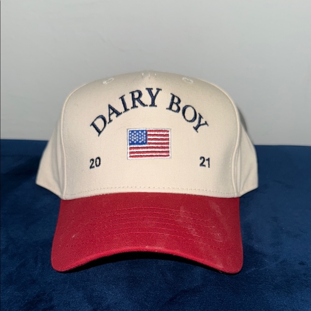 Dairy Boy Embroidered Cream and Red Cap